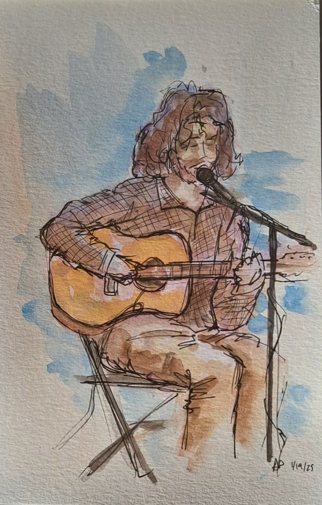 Painting of Jon performing at Rabbit Box Theatre by Andy Pham 1/19/25